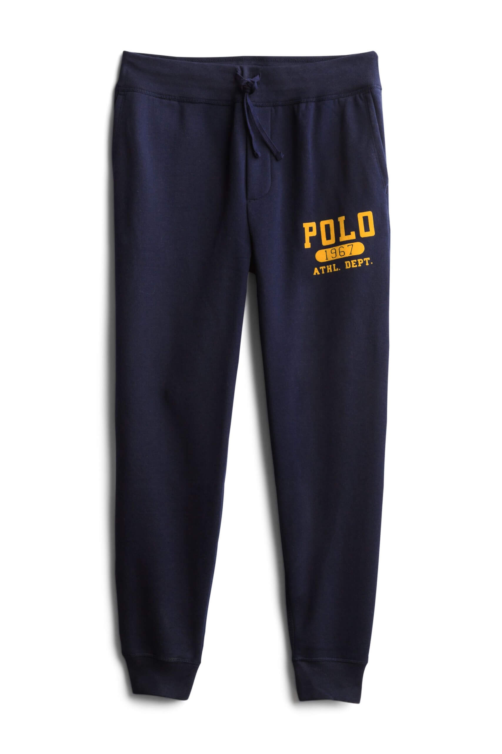 Stitch Fix men’s navy sweatpants with “Polo 1967 Athl. Dept.”in gold on the left leg.