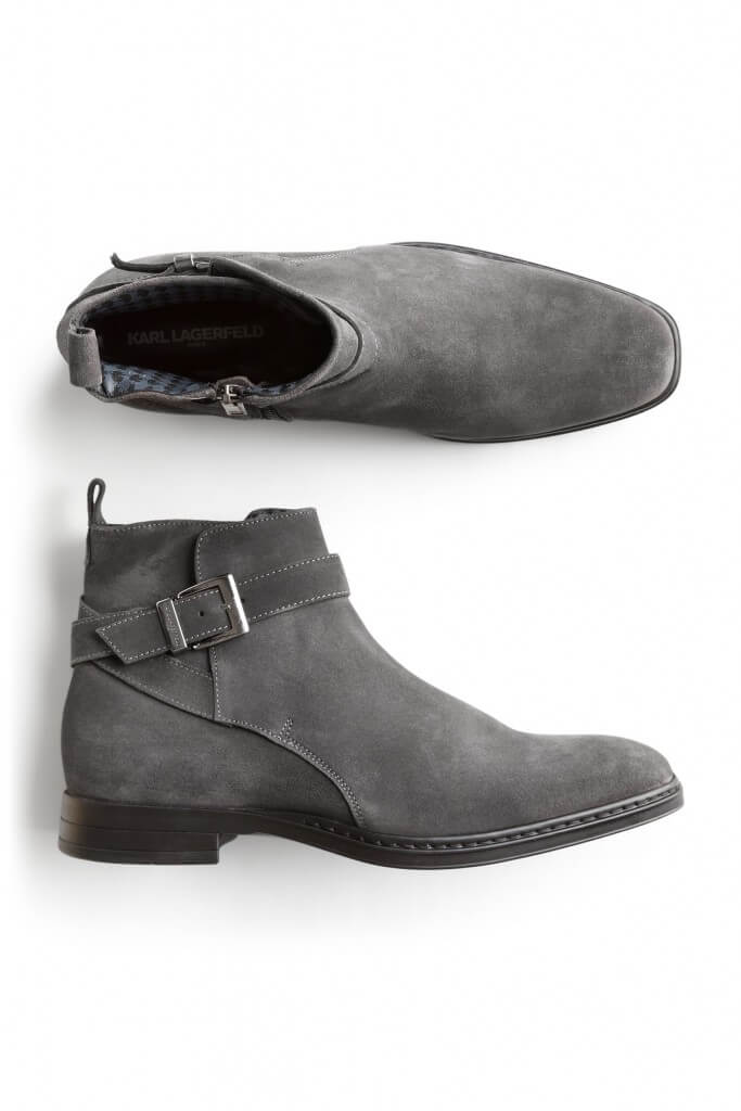 Stitch Fix men’s grey suede biker boots with silver buckle.
