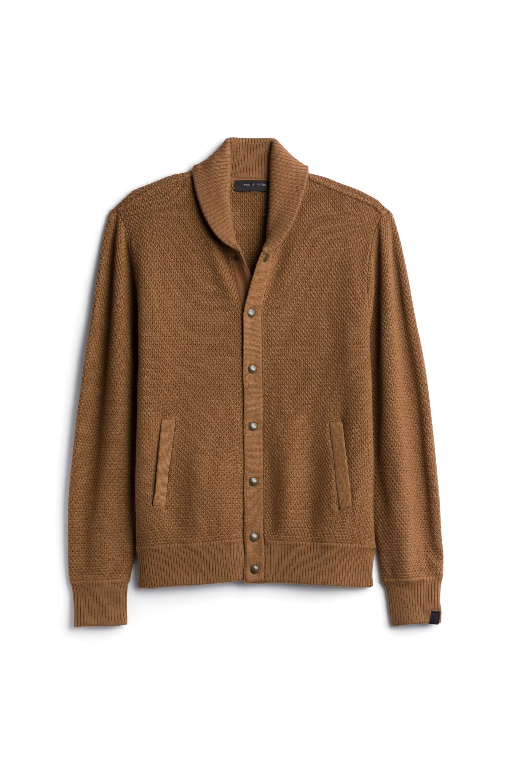 Stitch Fix men’s brown cardigan with shawl collar and button placket.