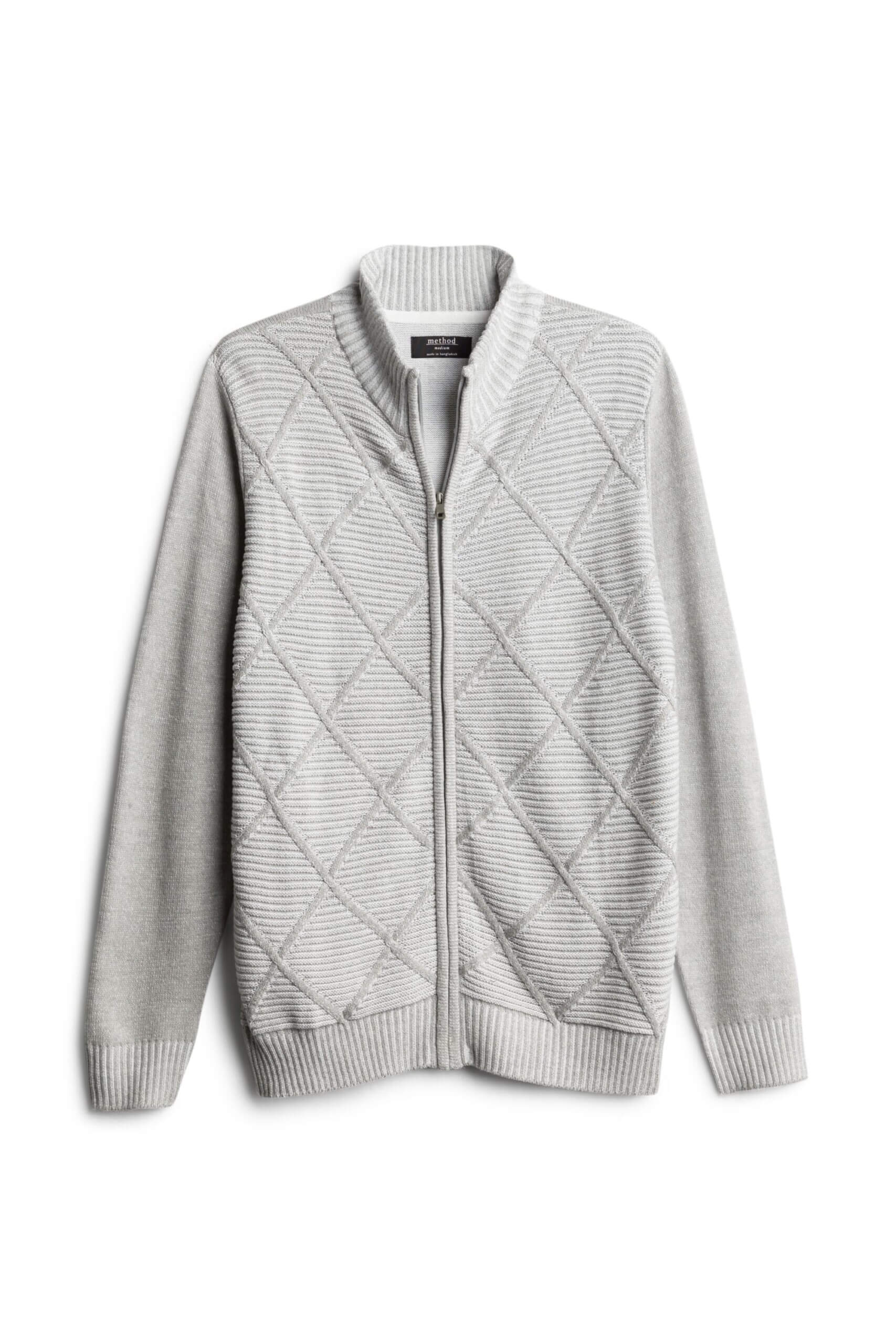 Stitch Fix men’s grey zip-up cardigan with tonal plaid pattern.