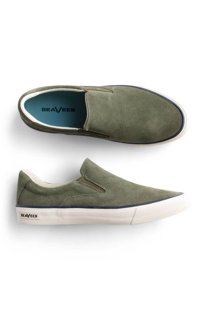 Stitch Fix men’s olive slip-on sneakers with white soles.