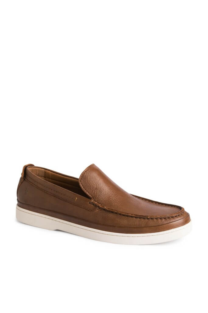 Stitch Fix men’s brown leather loafers with white sole.