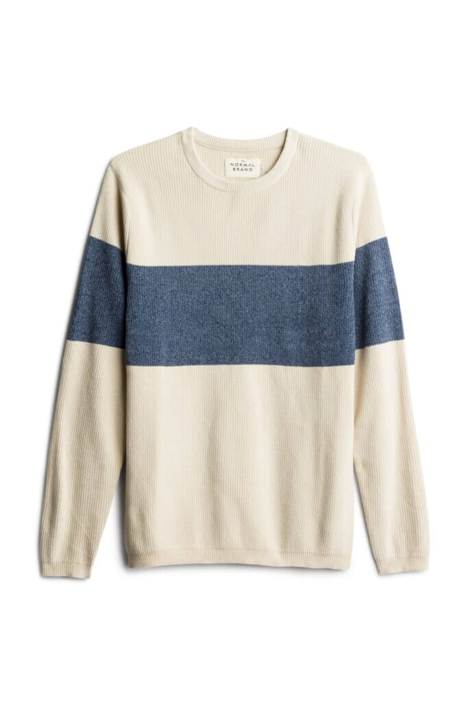 Stitch Fix men’s cream sweater with navy color block stripe.