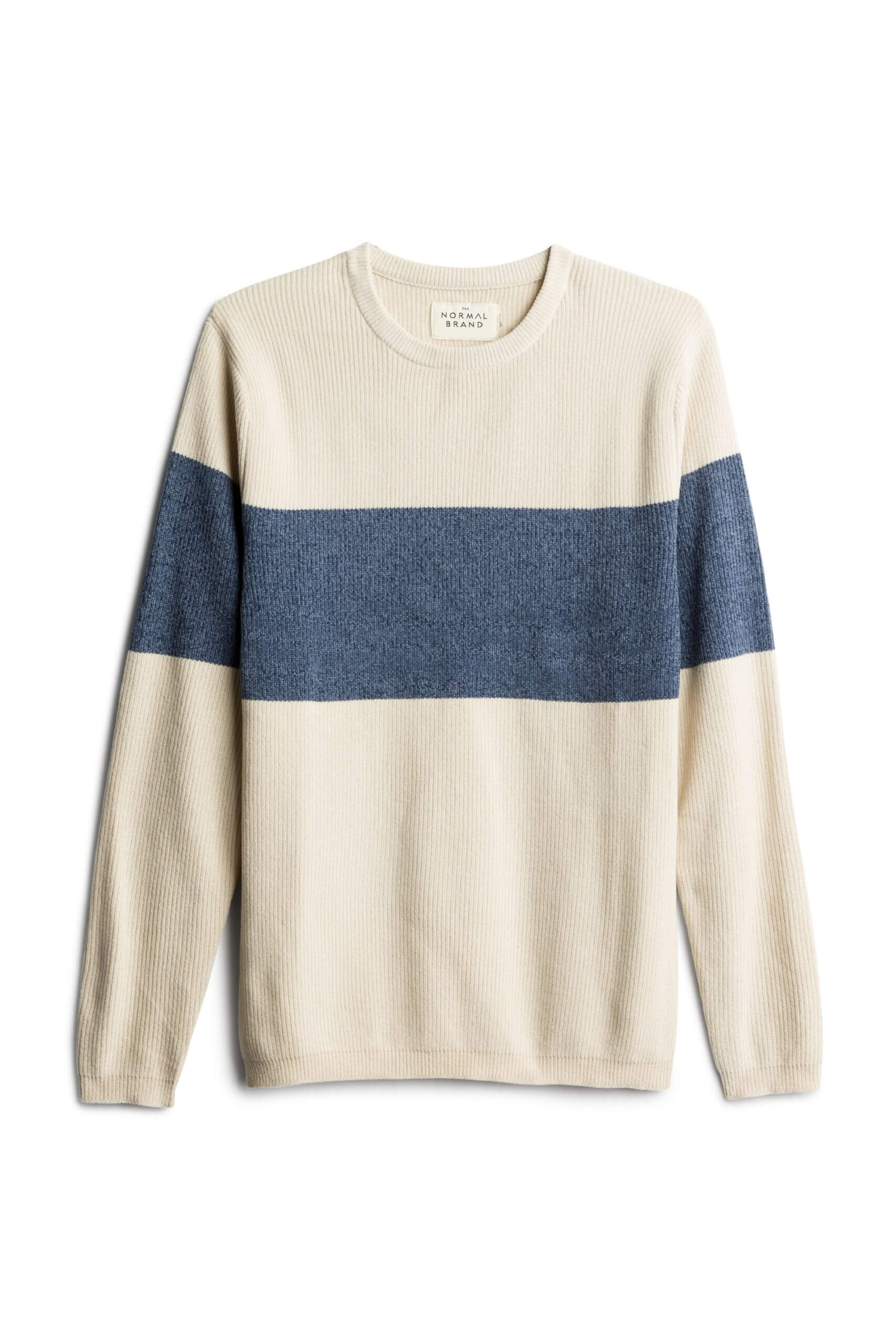 Stitch Fix men’s cream sweater with navy color block stripe.