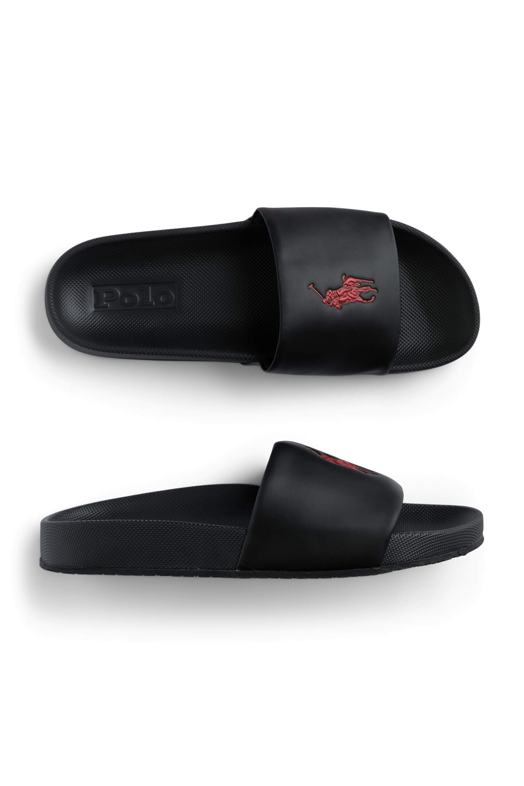 Stitch Fix men’s black slide sandals with red brand logo.