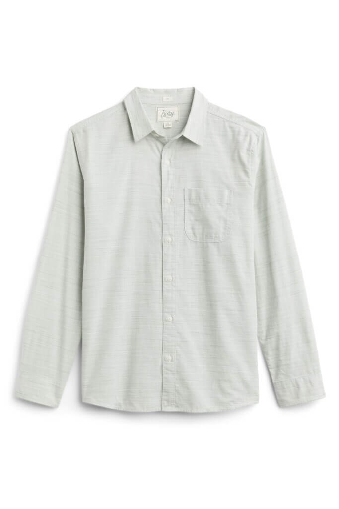 Stitch Fix men’s light grey marled woven button-up shirt with front pocket.