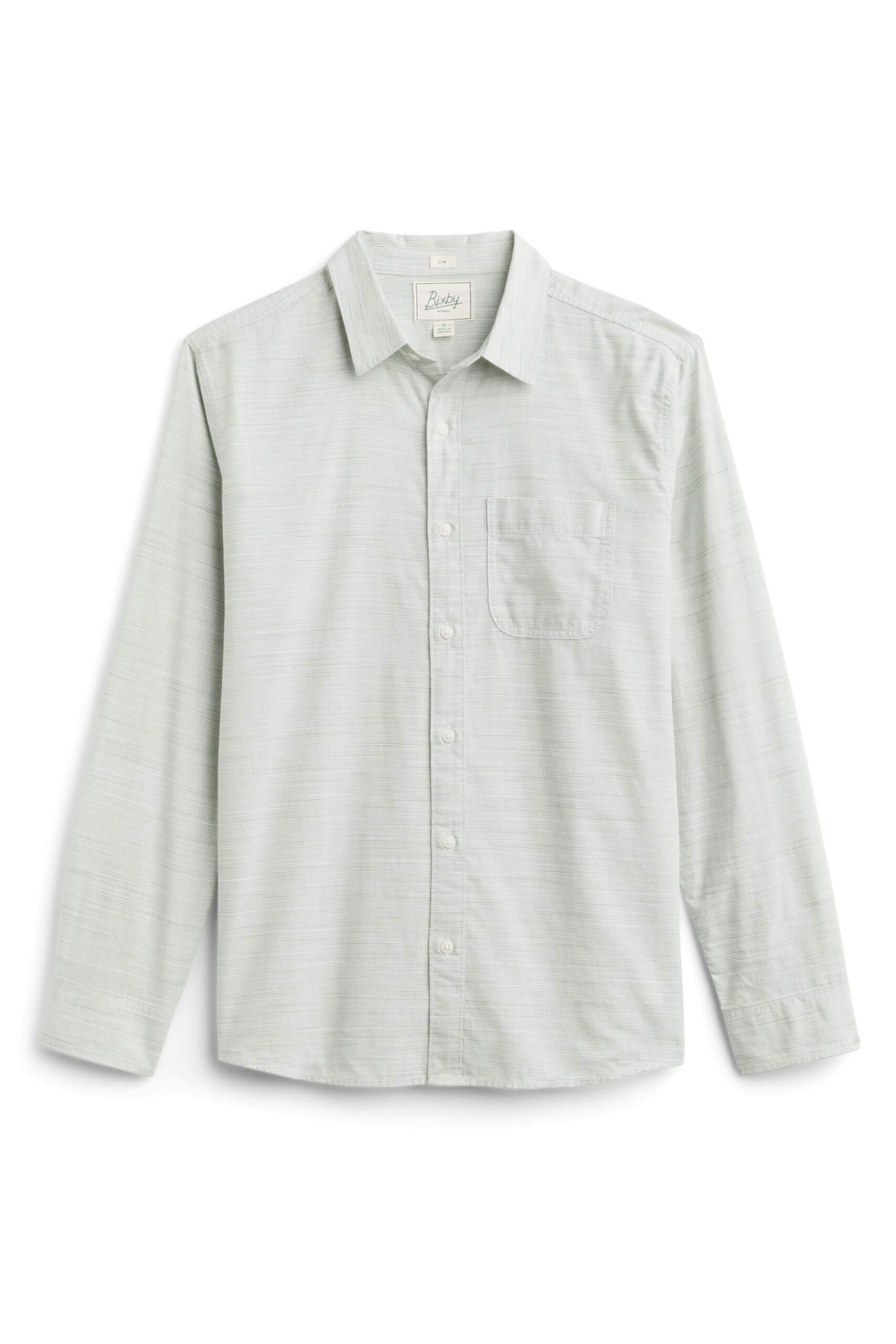 Stitch Fix men’s light grey marled woven button-up shirt with front pocket.
