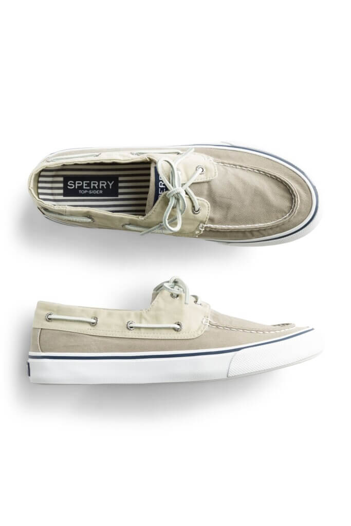 Stitch Fix men’s beige boat shoes with white suede laces.