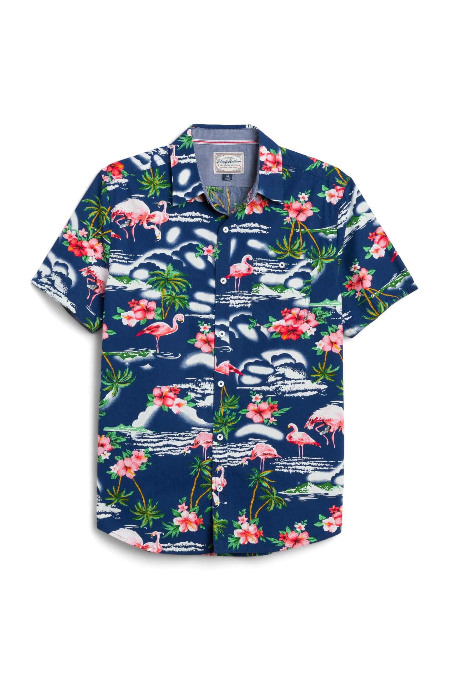 Stitch Fix men’s navy printed short-sleeve shirt with pink flowers, flamingos and mountains.