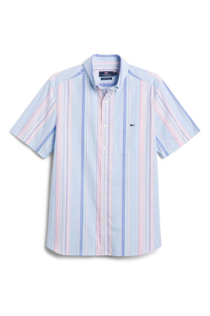 Stitch Fix men’s blue short-sleeve button-up shirt with pink and white vertical stripes.