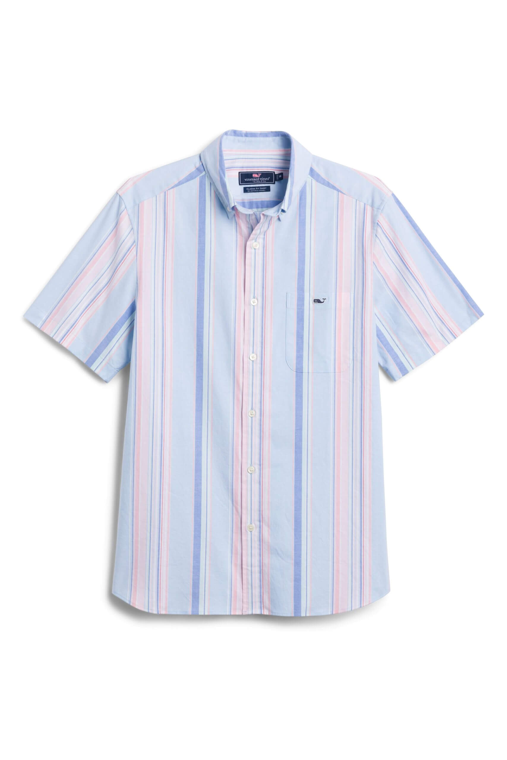 Stitch Fix men’s blue short-sleeve button-up shirt with pink and white vertical stripes.