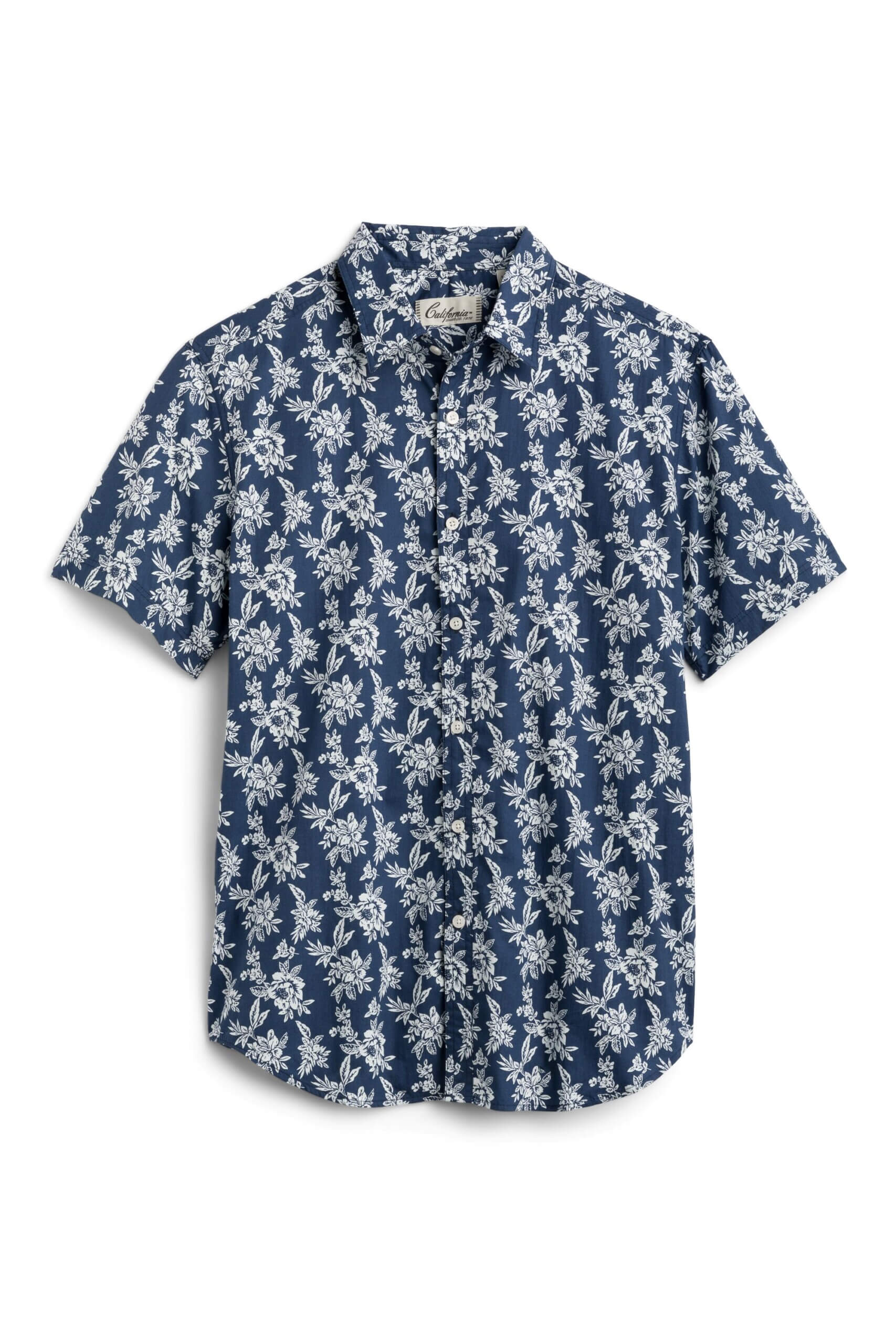 Stitch Fix men’s navy and white tropical print button-up shirt.