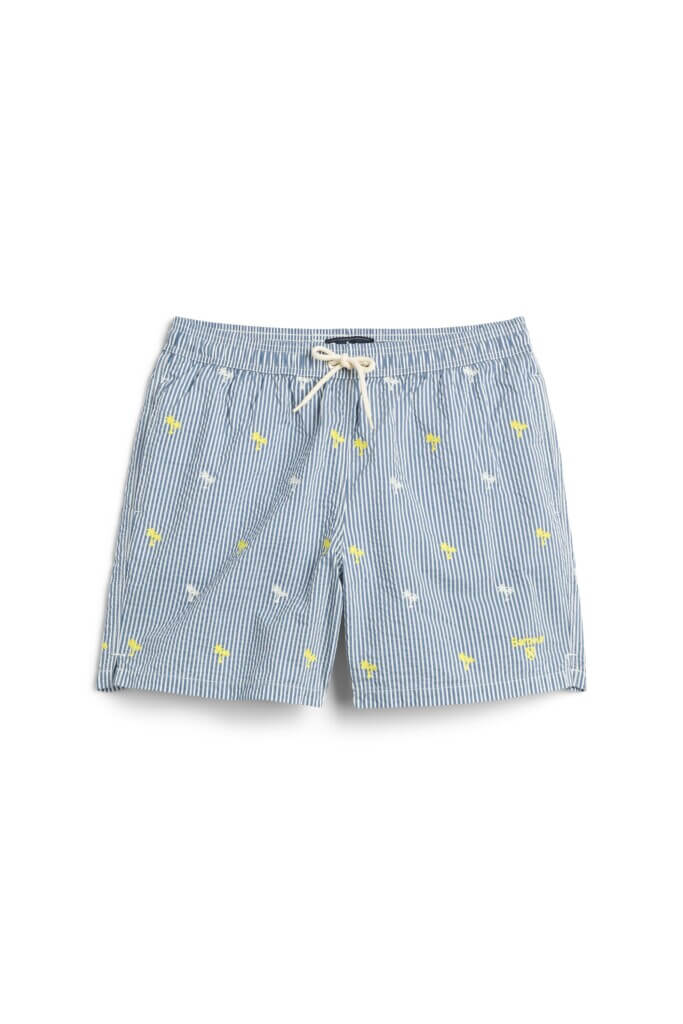 Stitch Fix men’s blue and white striped elastic waist shorts with white and yellow embroidered palm trees.