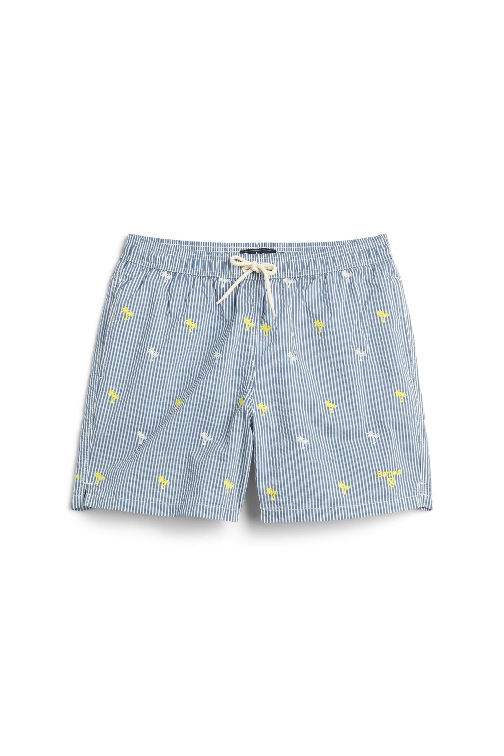 Stitch Fix men’s blue and white striped elastic waist shorts with white and yellow embroidered palm trees.