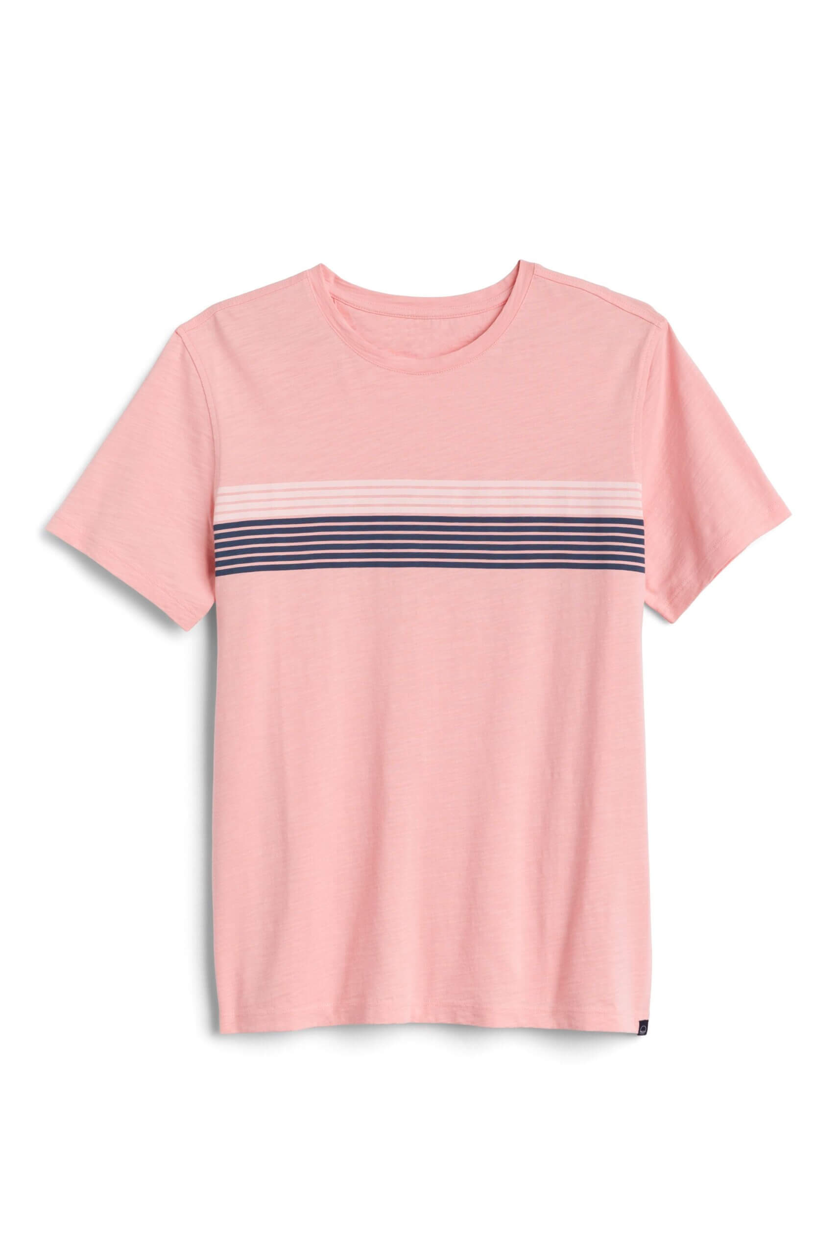 Stitch Fix men’s light pink short-sleeve T-shirt with navy and white horizontal stripes across chest.