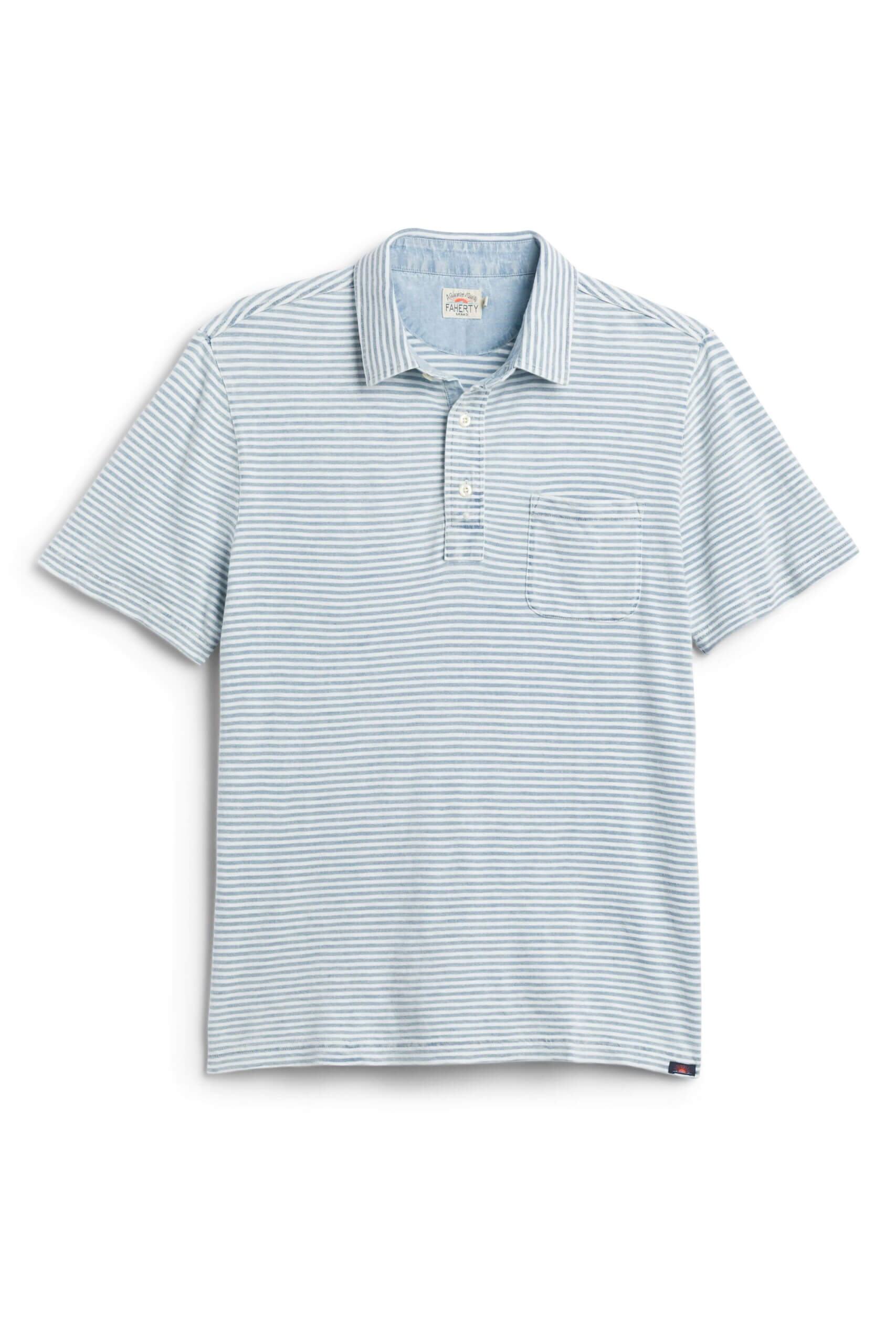 Stitch Fix men’s blue and white microstripe polo shirt with front pocket.