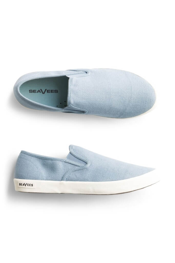 Stitch Fix men’s light blue slip-on sneakers with white rubber soles.