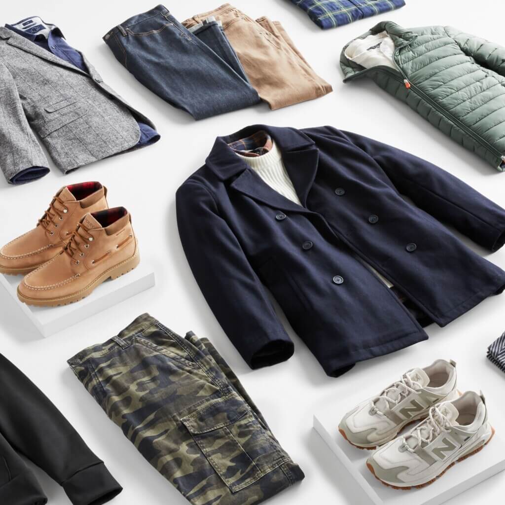 Stitch Fix men’s fall collection featuring blazer, puffer jacket, peacoat, shirts, sweater, jeans, camo print pants and sneakers.