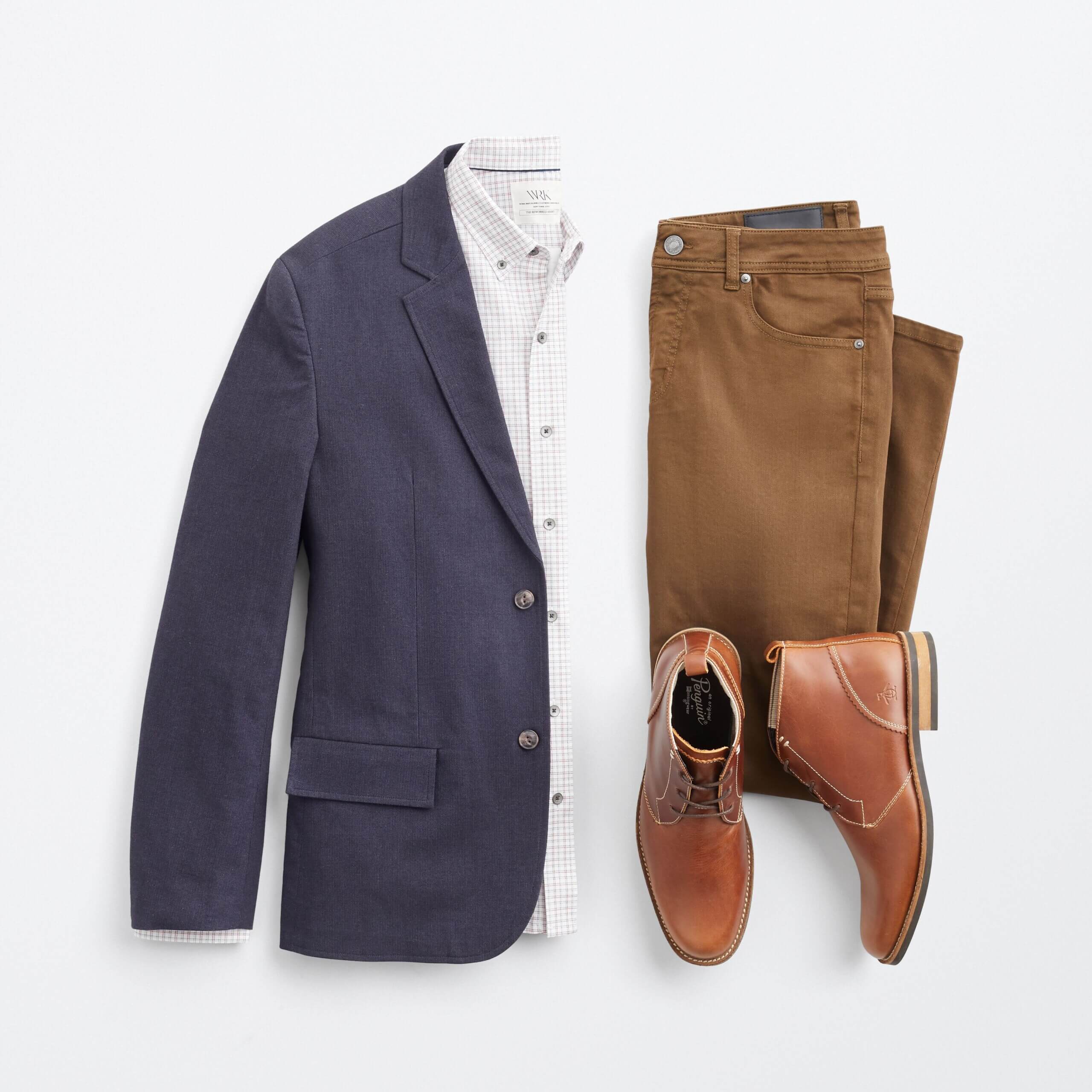 Stitch Fix men’s holiday party outfit laydown with white collared shirt, navy blazer, brown pants and brown boots.