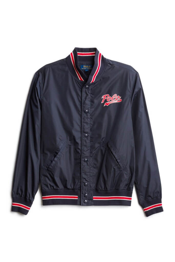 Stitch Fix men’s navy blue bomber jacket with red trim and graphic detail.