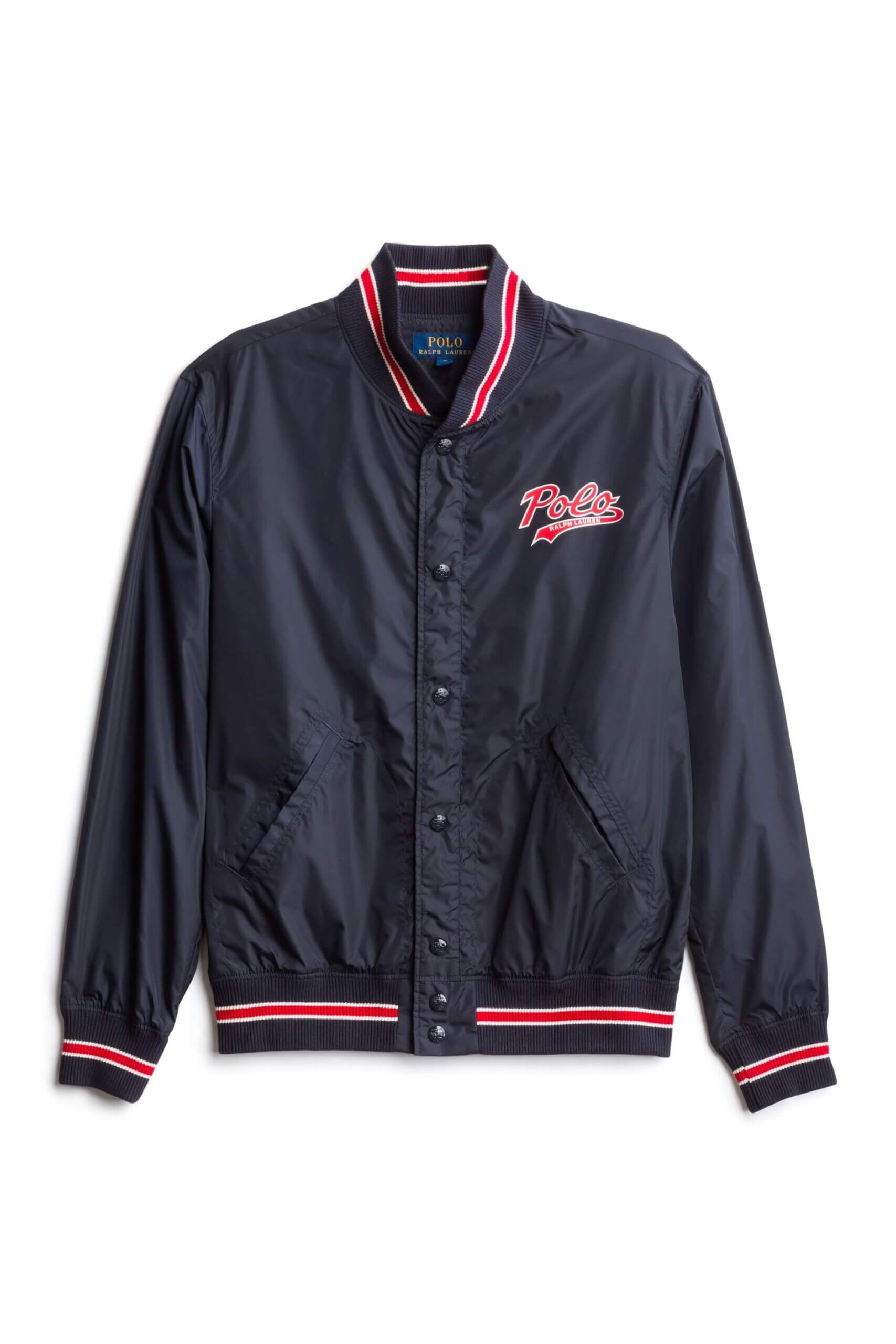 Stitch Fix men’s navy blue bomber jacket with red trim and graphic detail.
