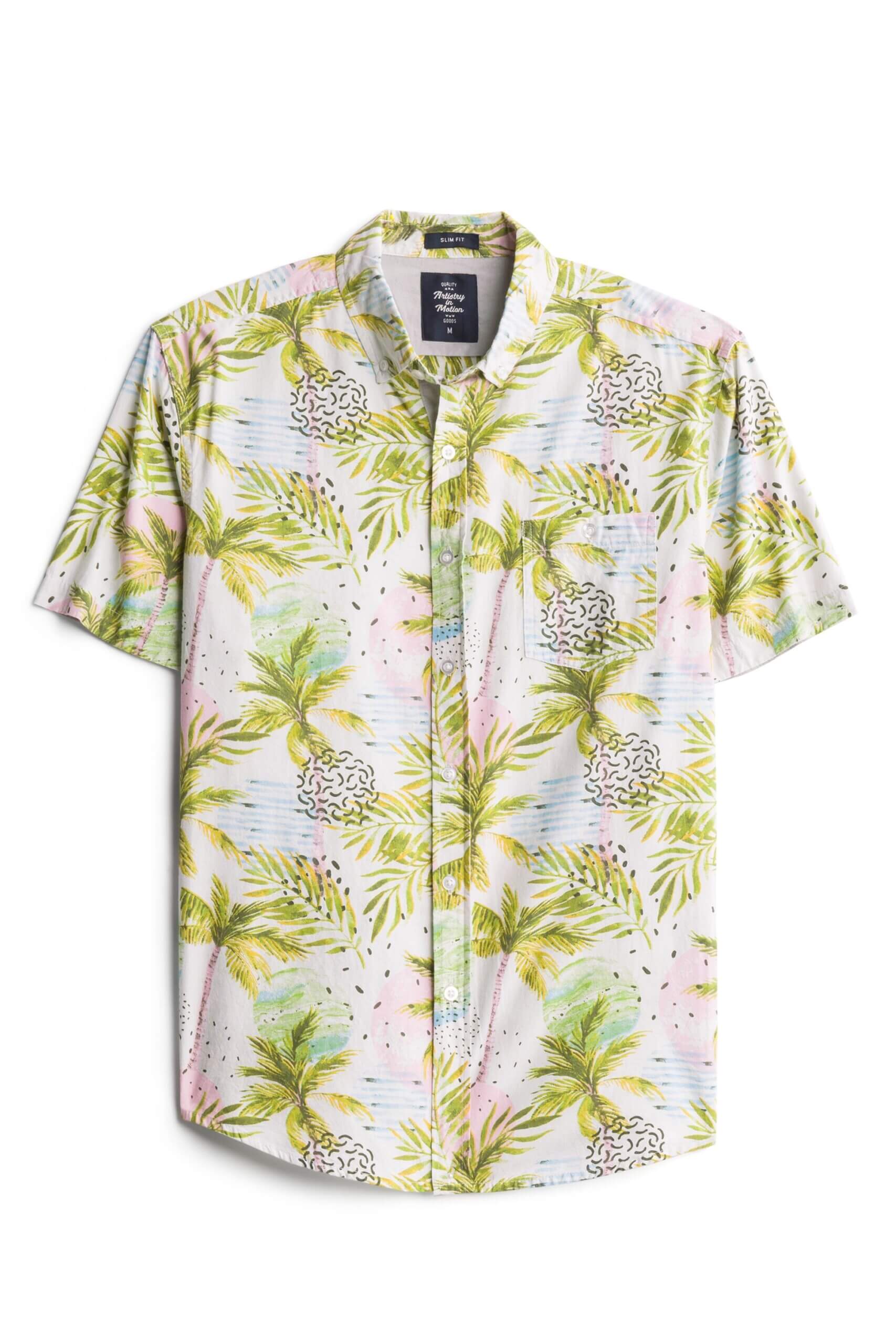Stitch Fix men’s white and green tropical short-sleeve button-up shirt.