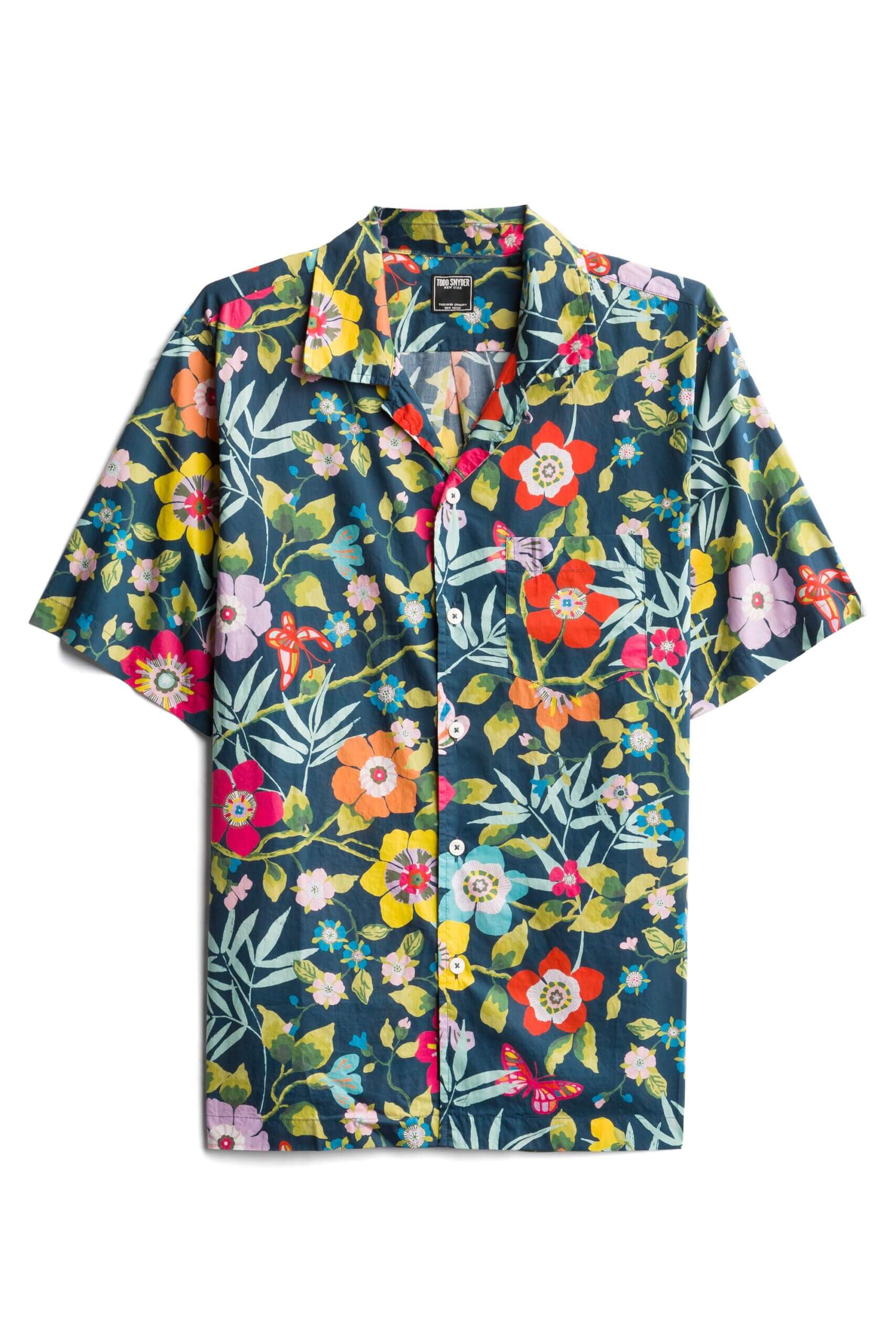 Stitch Fix men’s navy and multi-colored floral short-sleeve button-up shirt.