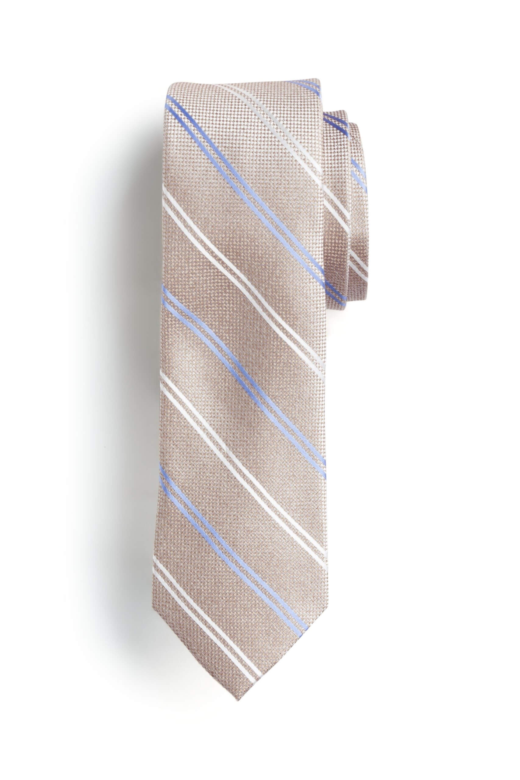 Stitch Fix men’s tan, white and blue diagonal striped tie.