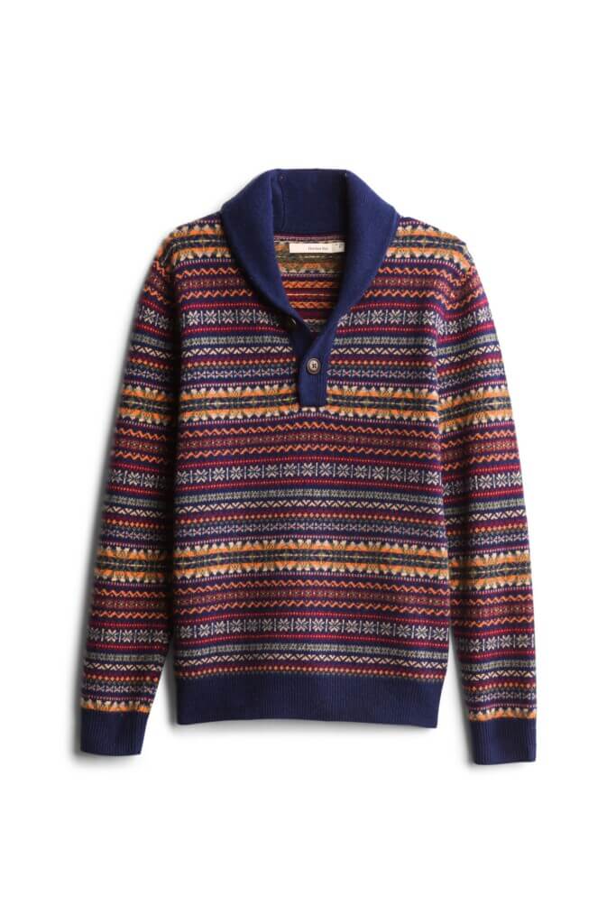 Stitch Fix men’s red, blue and mustard striped sweater with a shawl collar.