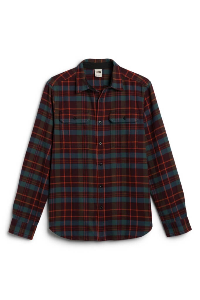Stitch Fix men’s red, orange and green plaid flannel button-down long-sleeve shirt.