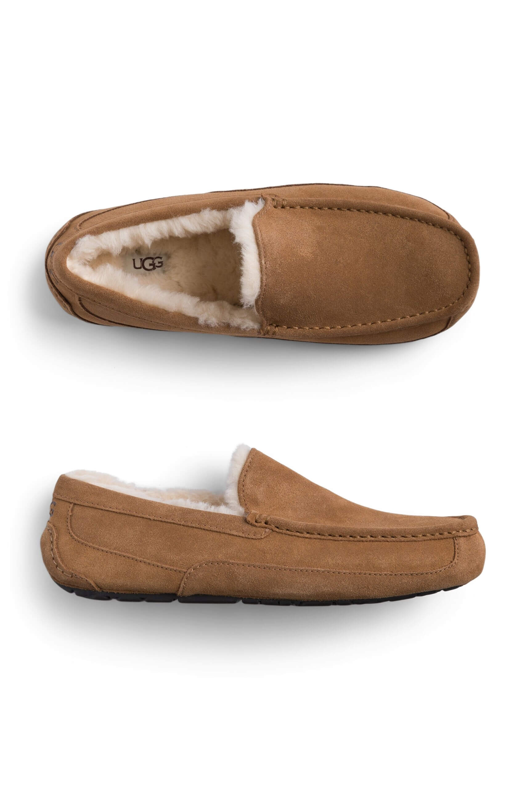 Stitch Fix men’s brown suede slippers with sherpa lining and rubber sole.