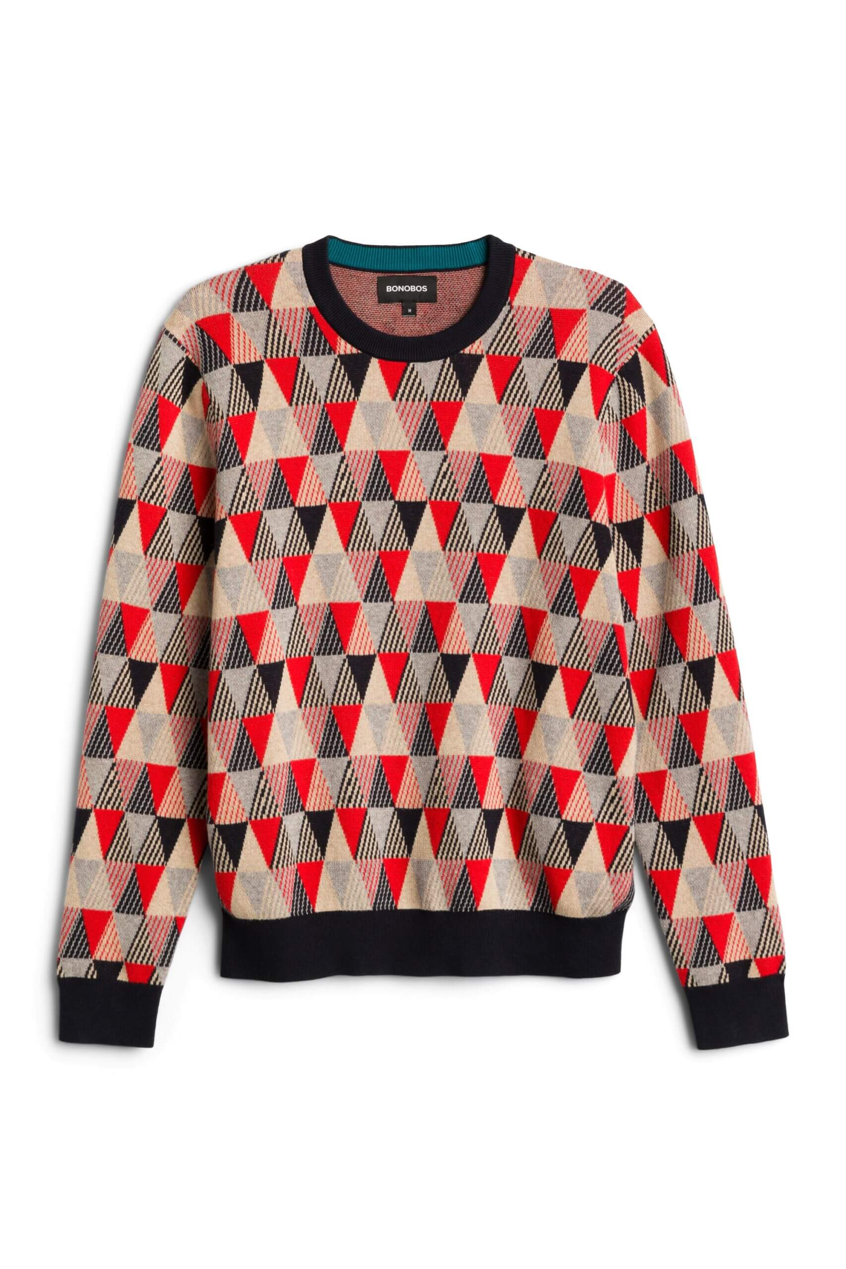 Stitch Fix men’s black, grey, beige and red geometric patterned crew-neck sweater with black trim.