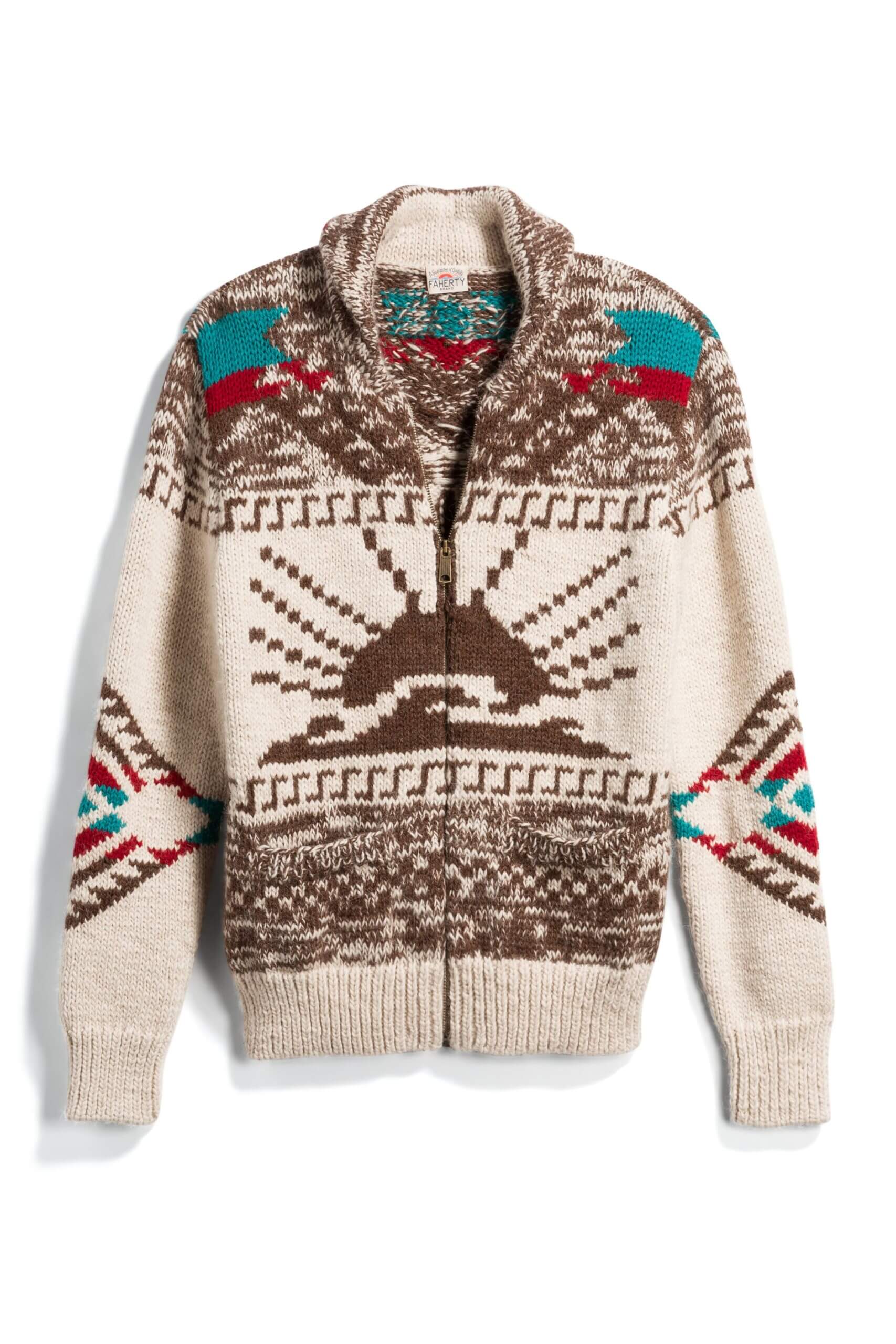 Stitch Fix men’s brown, red and turquoise Aztec-print zip-up cardigan.