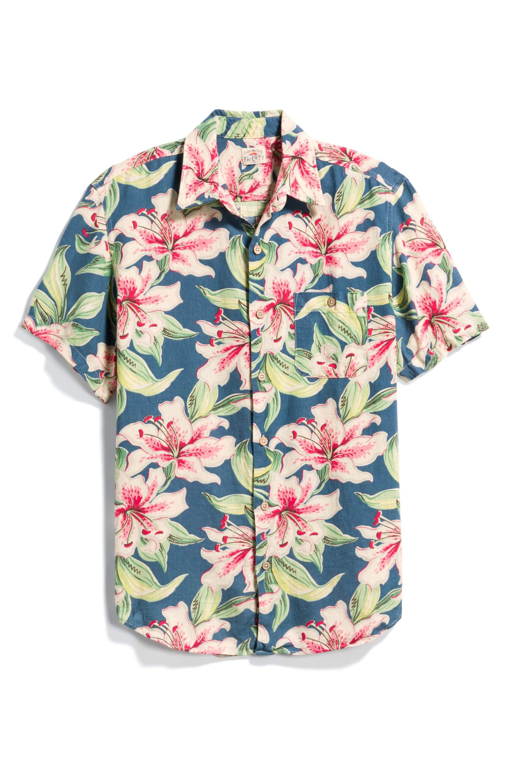 Stitch Fix men’s navy, green and red tropical floral short-sleeve button-up shirt.
