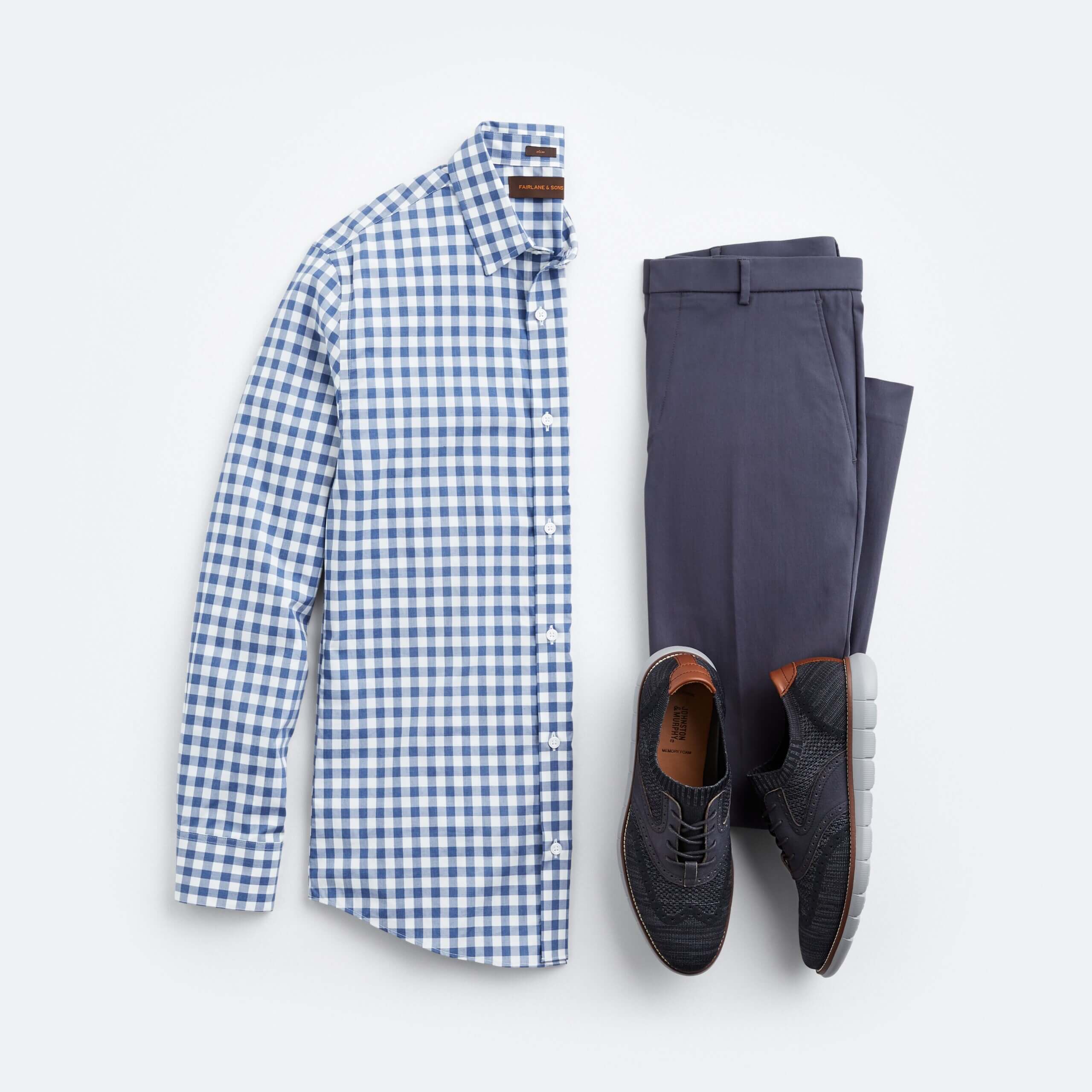 Stitch Fix men’s outfit with blue and white gingham button-up shirt, navy slacks and navy blue knit Oxfords.