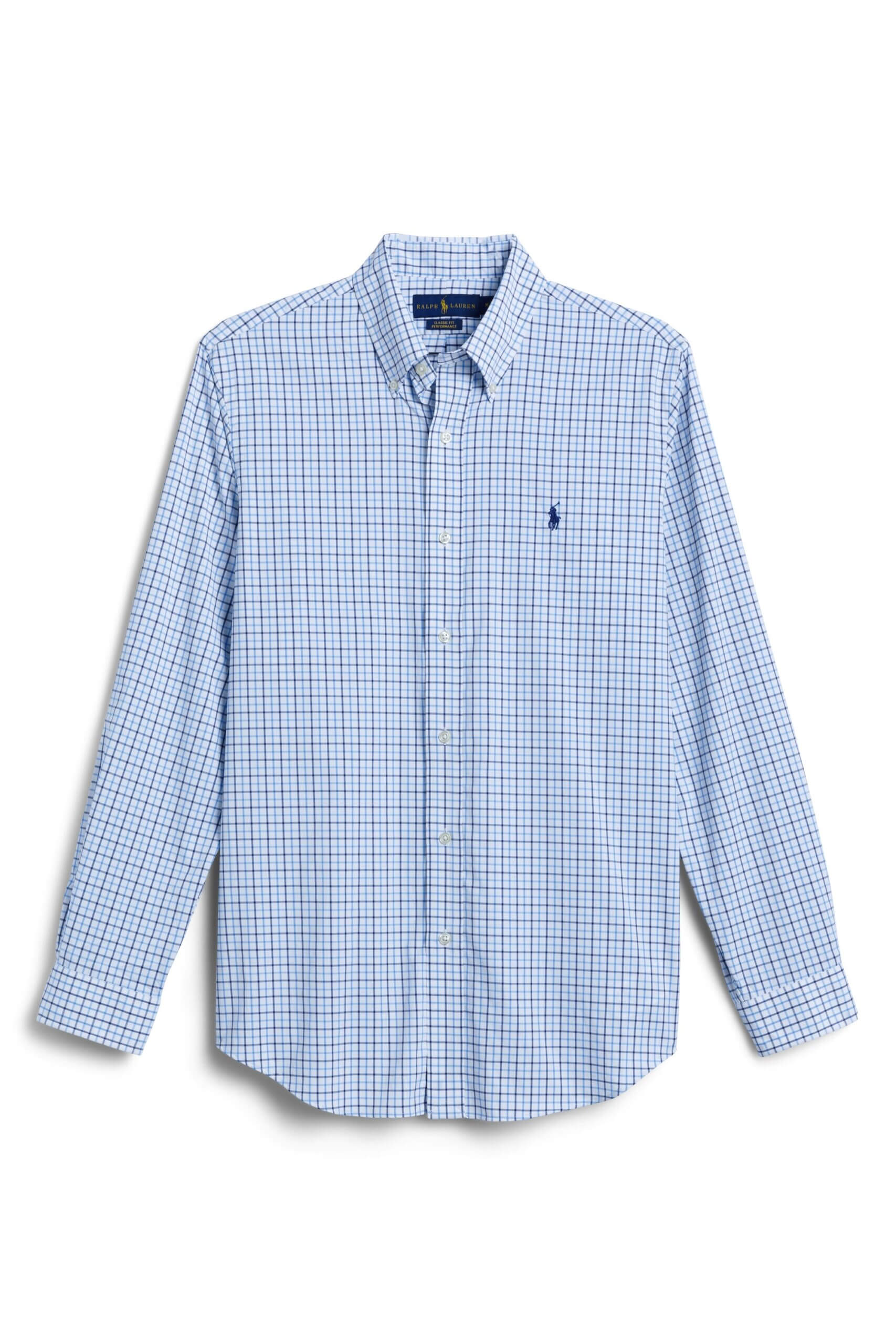 Stitch Fix men’s blue plaid button-up shirt with navy brand logo embroidery.