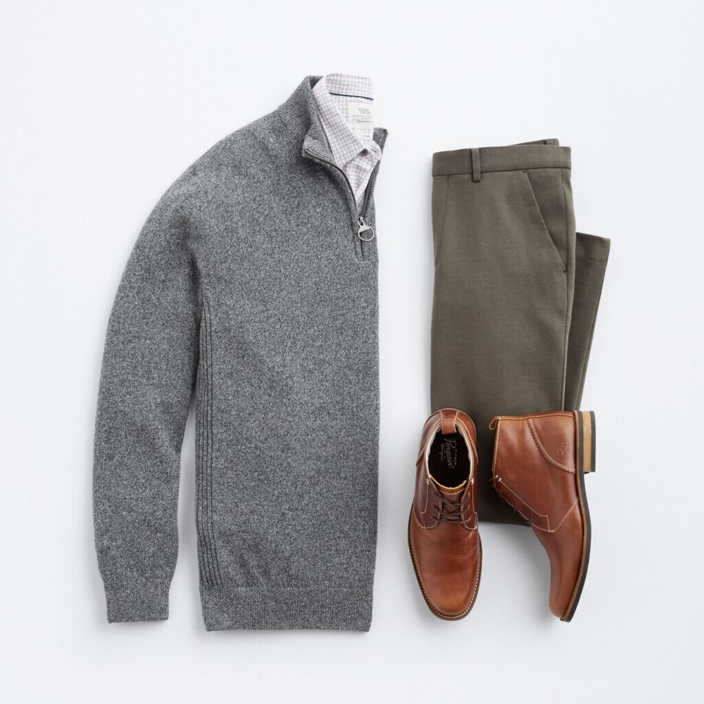 Stitch Fix men’s outfit for shorter men featuring heather grey quarter-zip sweater, white poplin shirt, olive slacks and brown leather chukka boots.