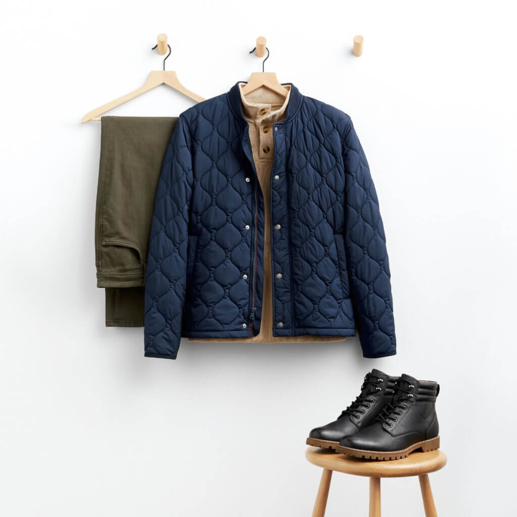 Stitch Fix men’s outfit for shorter men featuring green pants, tan sweater and navy quilted puffer jacket hanging next to black hiking boots sitting on wooden stool.