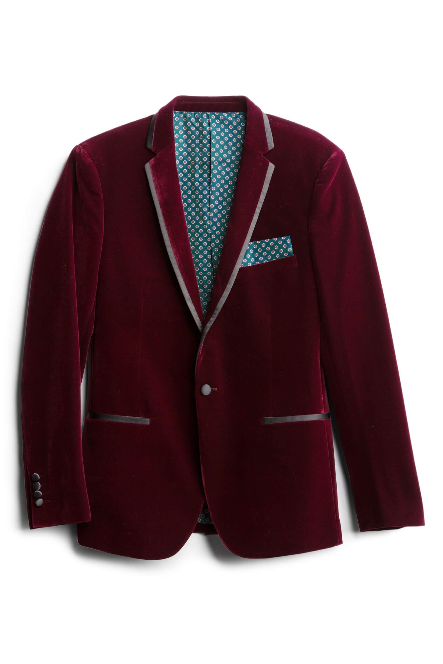 Stitch Fix men’s burgundy velvet blazer with gray trim and teal printed pocket square.
