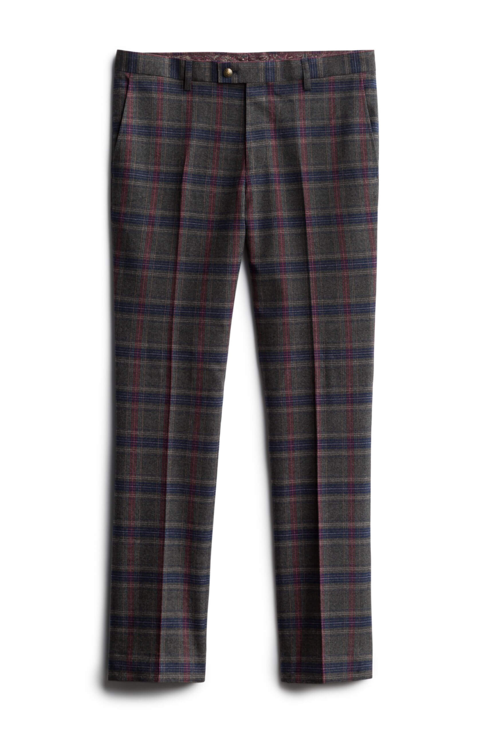 Stitch Fix men’s gray, navy and burgundy plaid print pants.