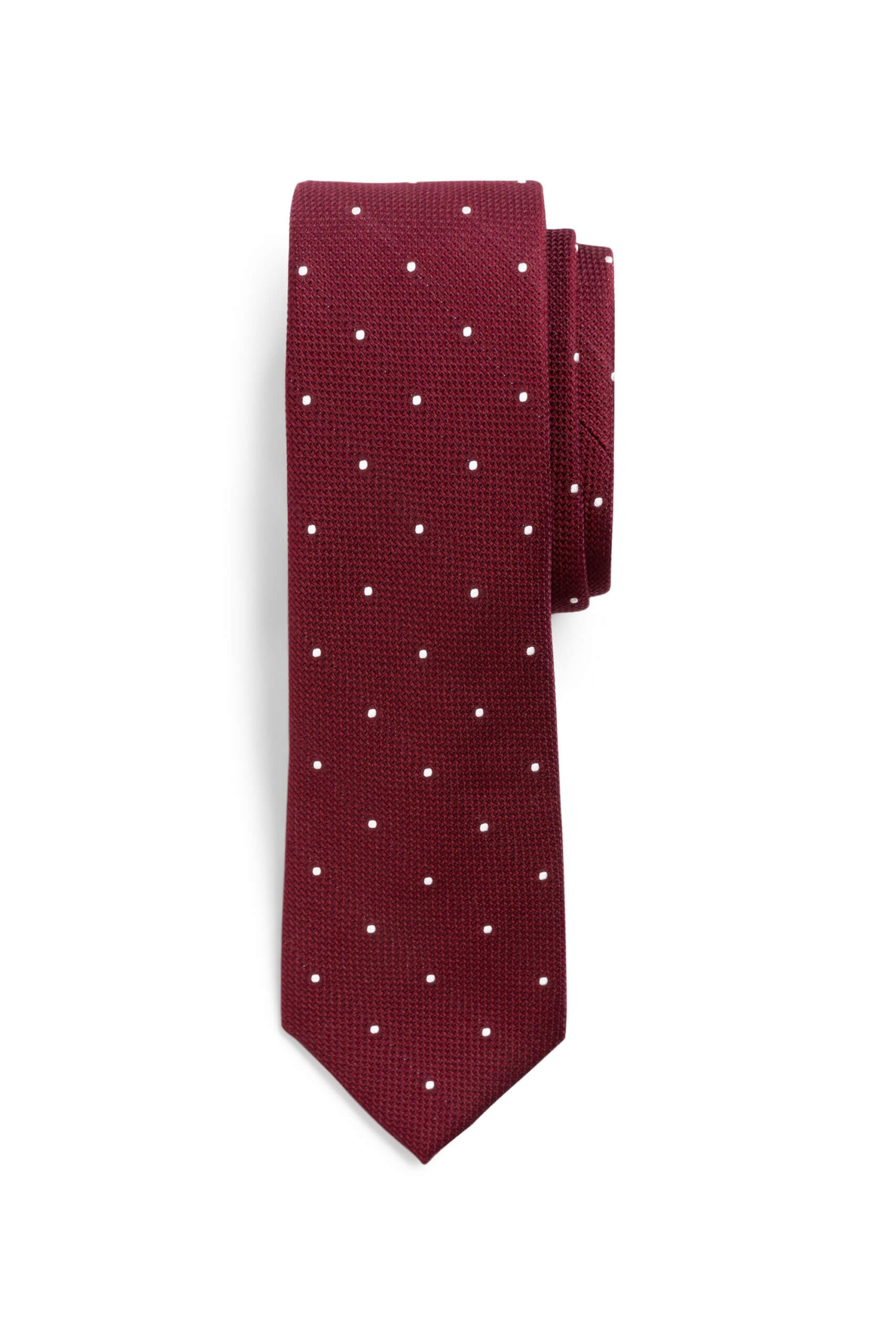 Stitch Fix men’s burgundy tie with white polka dots wound up.