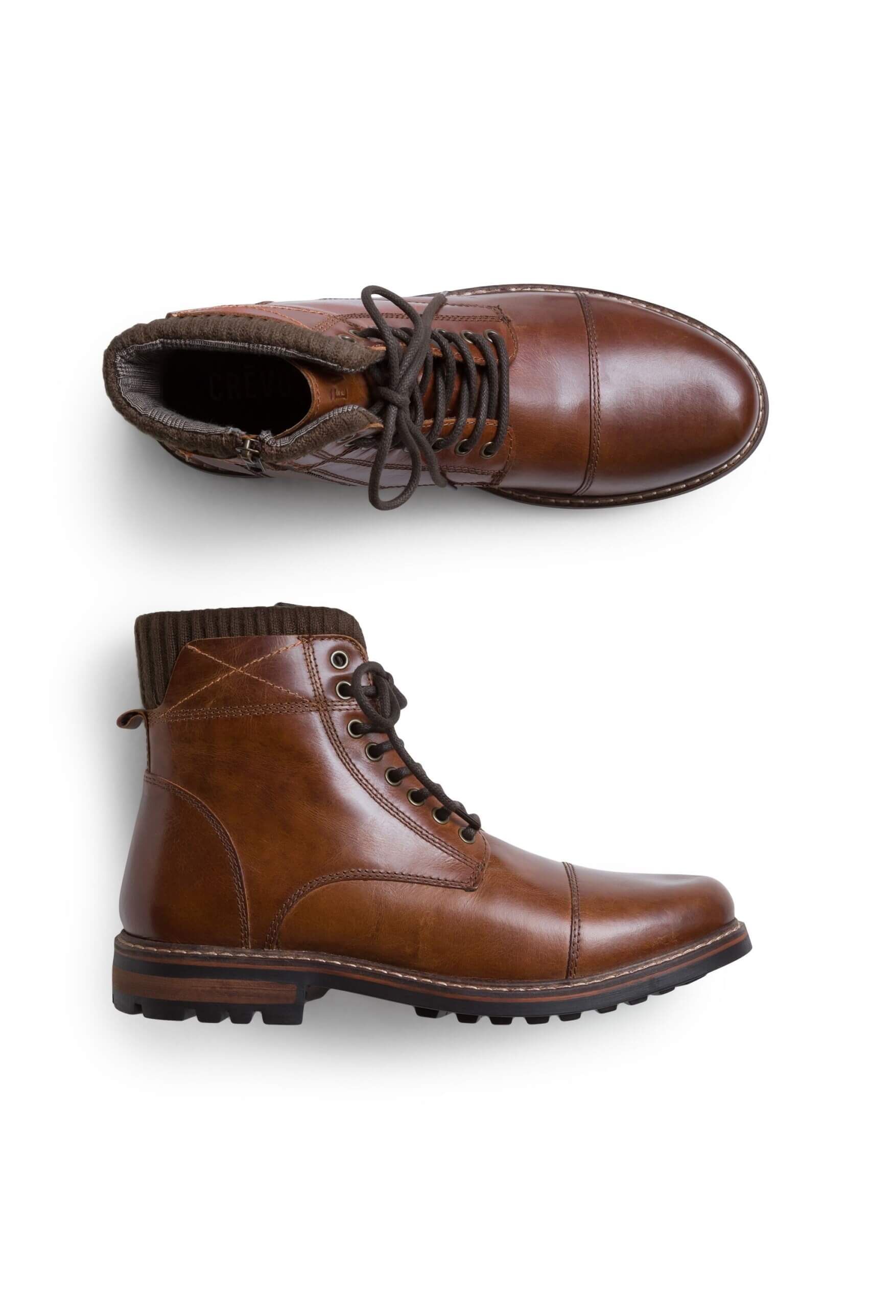 Stitch Fix men’s brown leather boots with ribbed knit ankle trim.