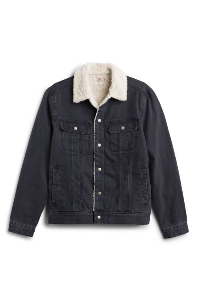 Stitch Fix men’s navy denim jacket with beige sherpa collar.