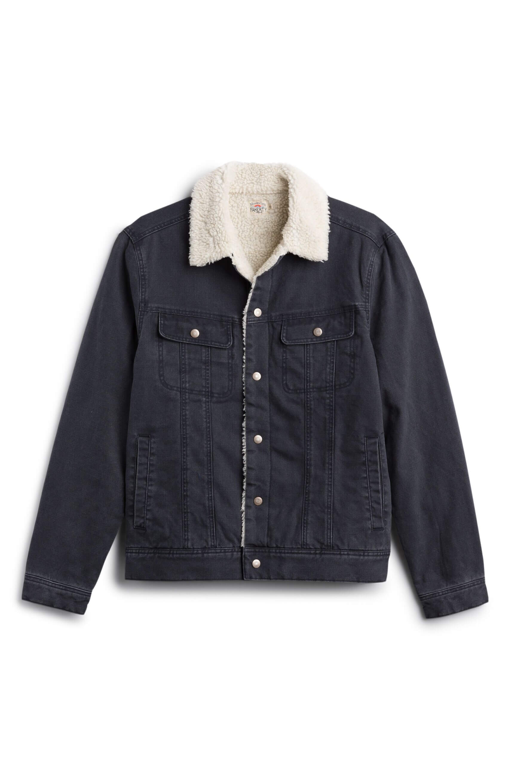Stitch Fix men’s navy denim jacket with beige sherpa collar.