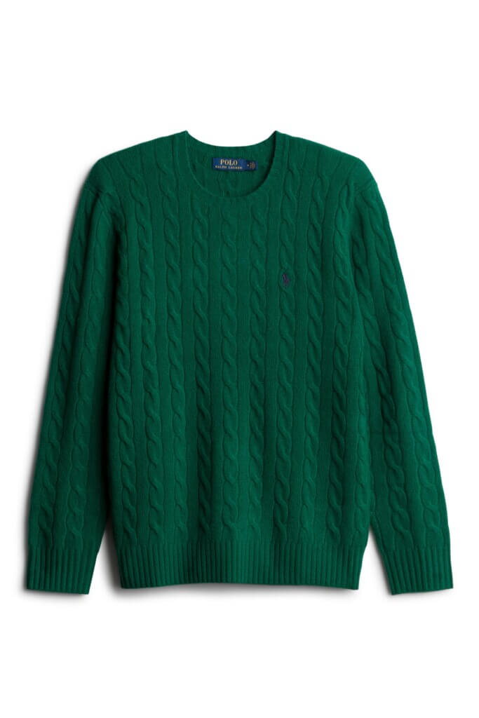 Stitch Fix men’s green cable-knit crew neck sweater.