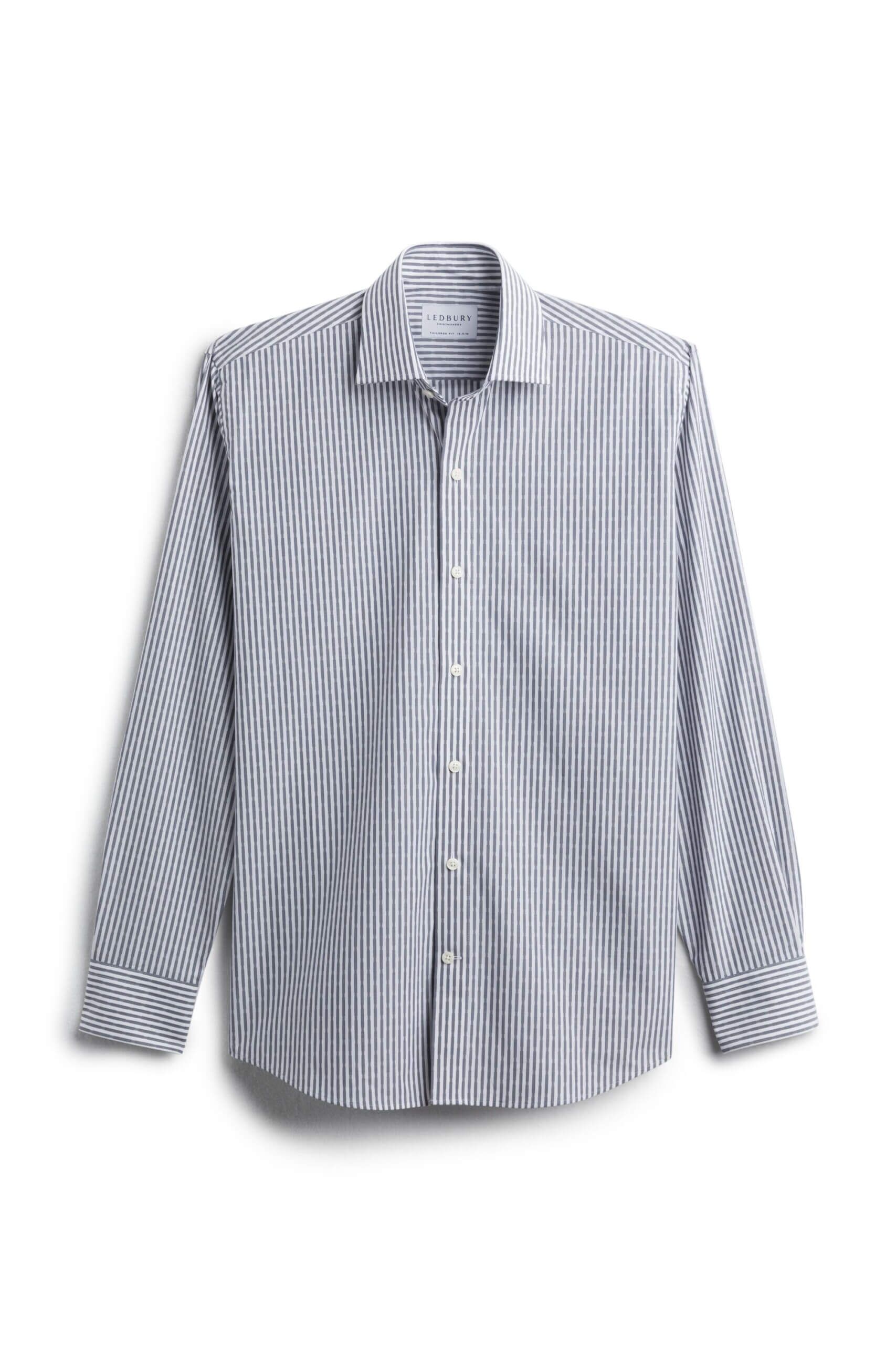 Stitch Fix men’s blue and white vertical striped button-down long-sleeve shirt.