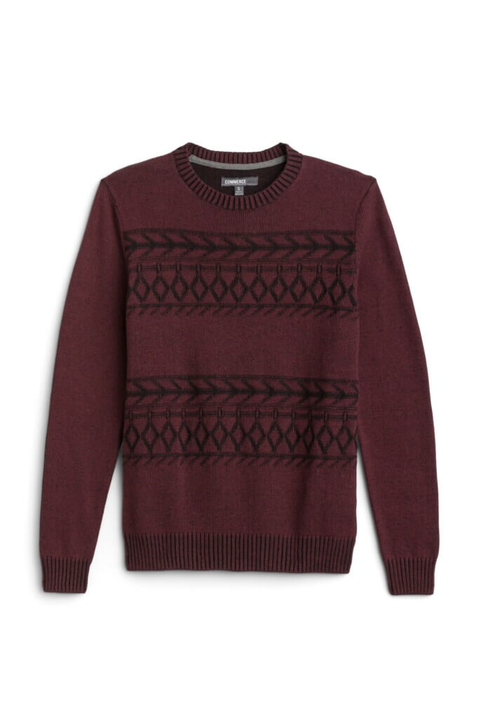 Stitch Fix men’s burgundy and black geometric print crew neck sweater.