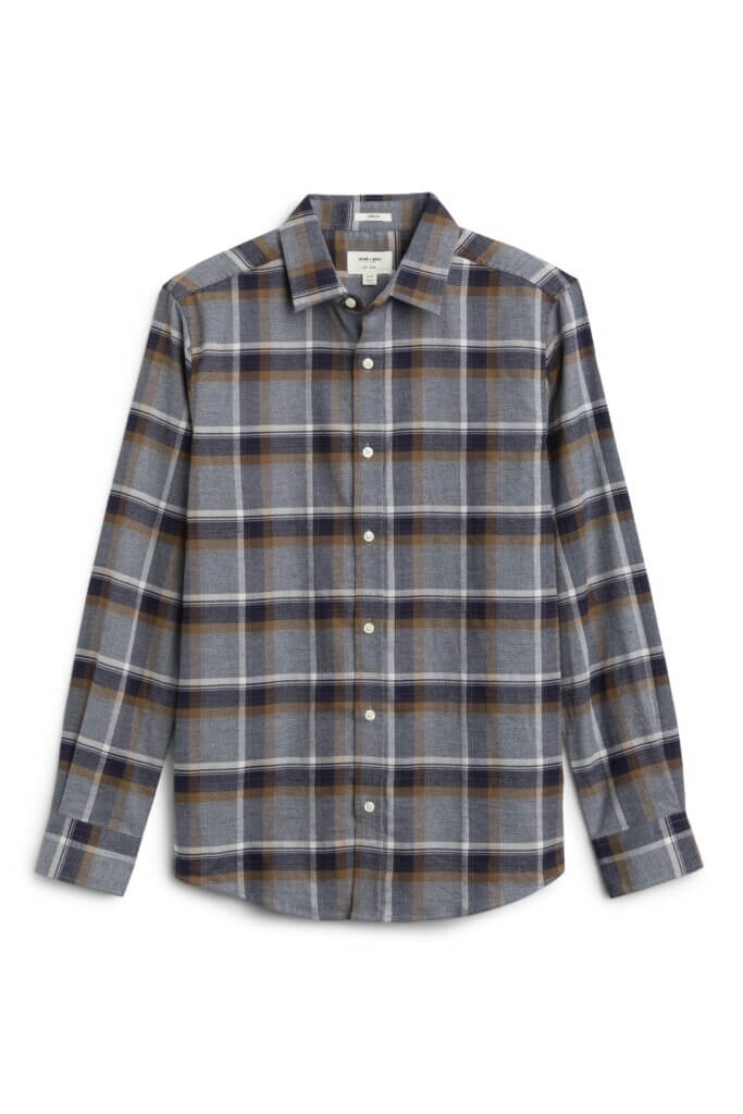Stitch Fix men's grey, white, black and brown plaid button-down shirt.