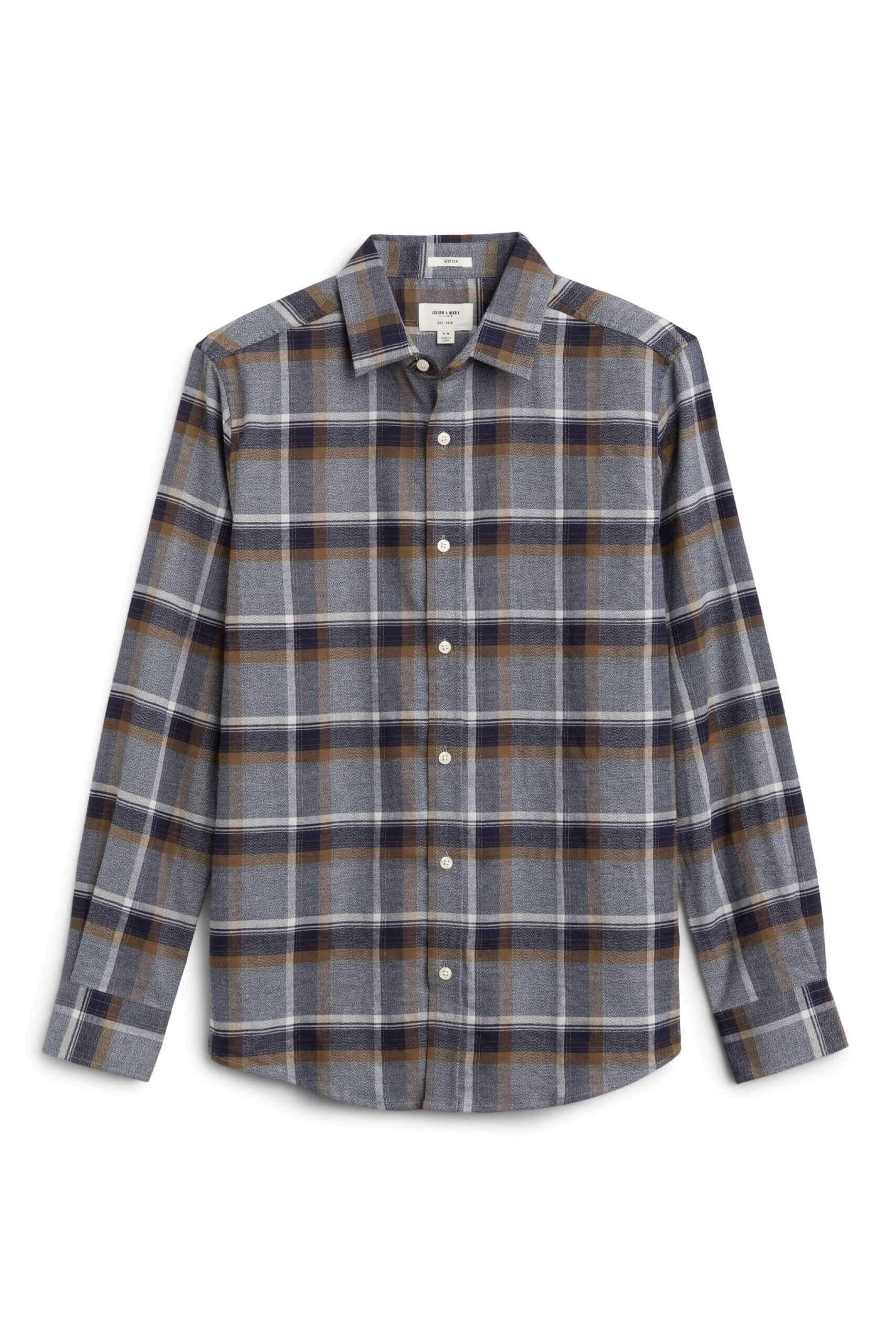 Stitch Fix men's grey, white, black and brown plaid button-down shirt.
