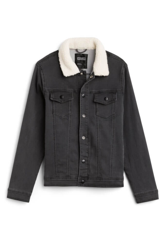 Stitch Fix men's grey denim jacket with white sherpa collar.